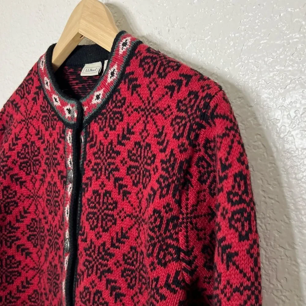 Vintage L.L Bean Wool Icelandic Red Cardigan Sweater Size S